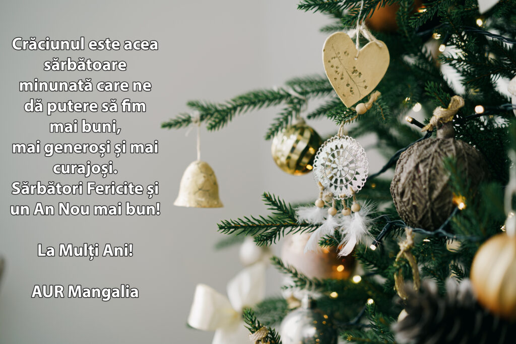 Christmas tree decorated with white and golden balls close up.